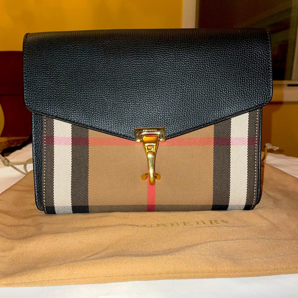 Burberry House Check Canvas Black Leather Macken Crossbody Bag